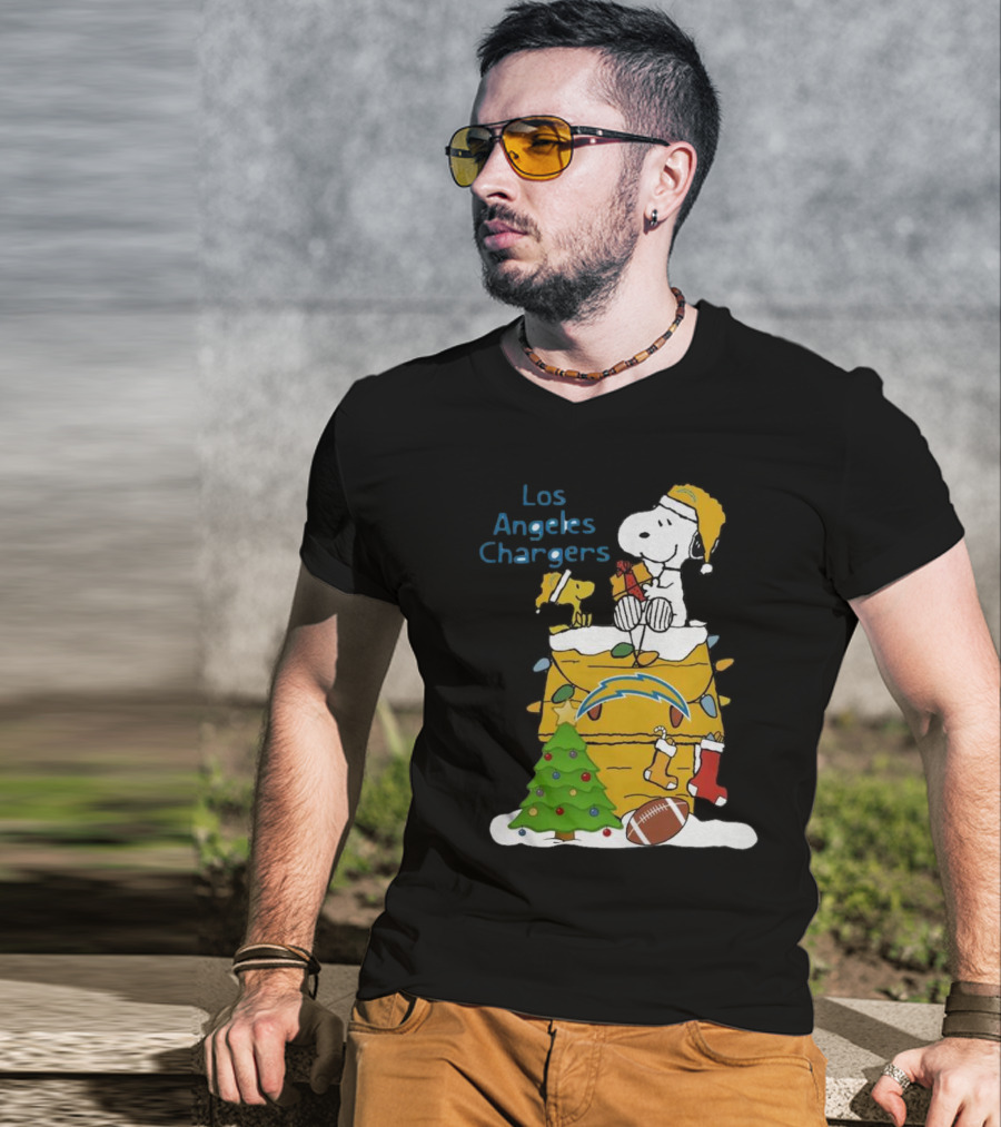 Santa Snoopy Woodstock Los Angeles Chargers Christmas Tree Football Socks T-Shirt