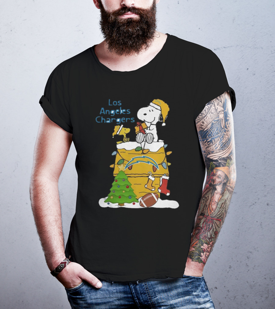 Santa Snoopy Woodstock Los Angeles Chargers Christmas Tree Football Socks T-Shirt