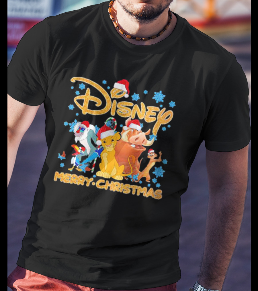 Disney Merry Christmas The Lion King Characters Santa Hats Snowflakes T-Shirt