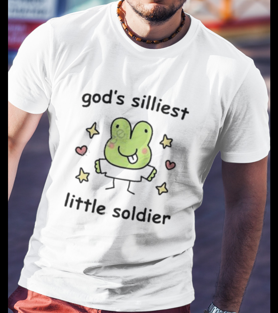 God's Silliest Little Soldier Cute Cartoon Frog With Stars And Hearts T-Shirt