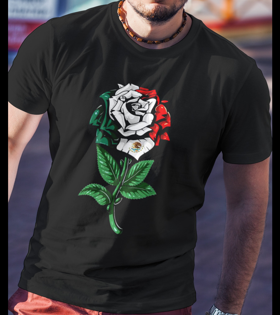 Rose In Colors Of Mexican Flag With Emblem T-Shirt