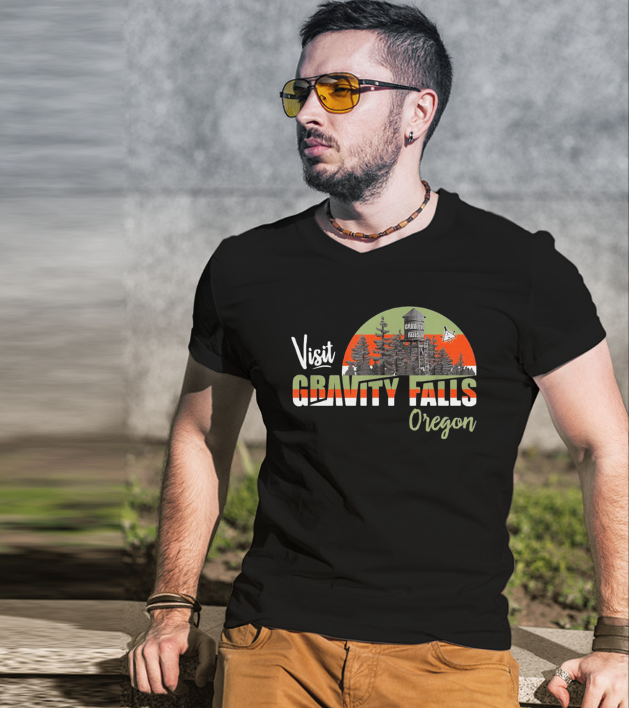Visit Gravity Falls Oregon Trees And Lookout Tower Scene T-Shirt