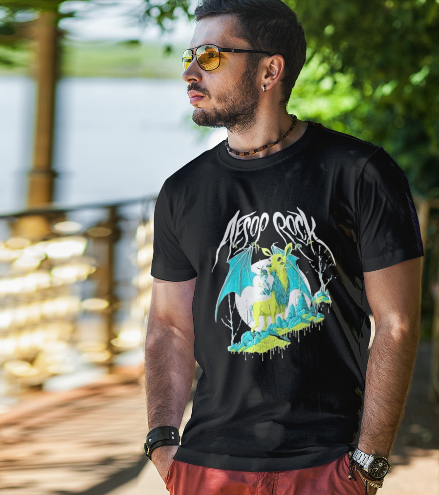 Aesop Rock Mythical Creature With Bat Wings And Moon Background T-Shirt