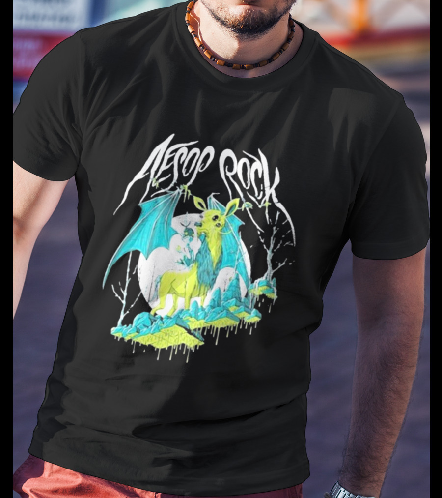 Aesop Rock Mythical Creature With Bat Wings And Moon Background T-Shirt
