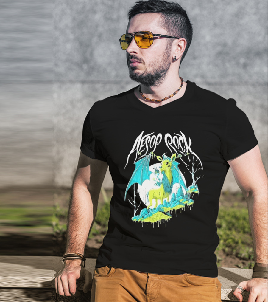 Aesop Rock Mythical Creature With Bat Wings And Moon Background T-Shirt