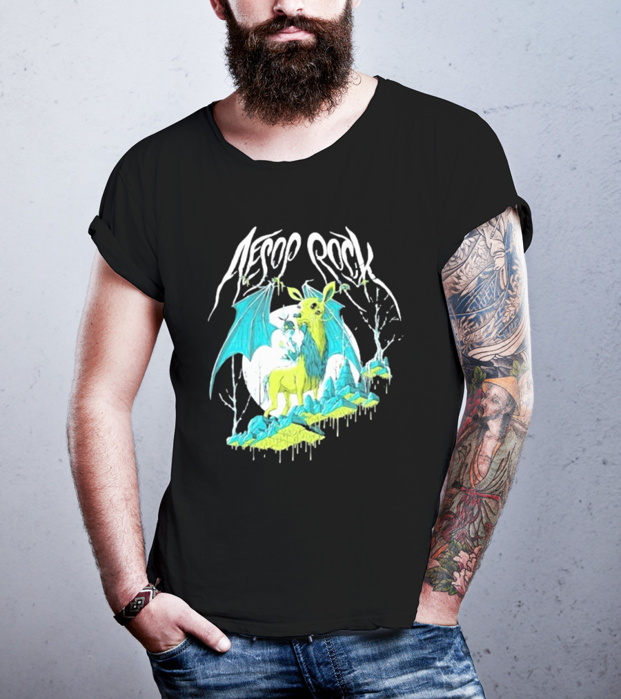 Aesop Rock Mythical Creature With Bat Wings And Moon Background T-Shirt