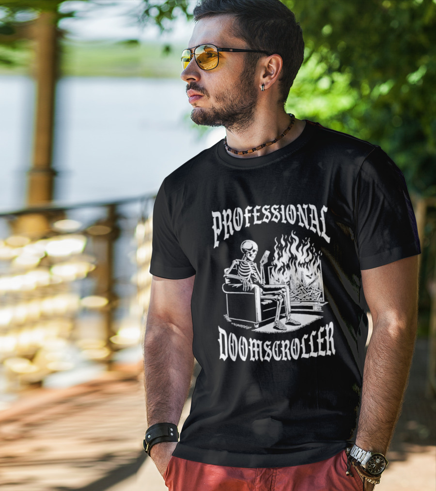 Professional Doomscroller Skeleton By Fireplace T-Shirt