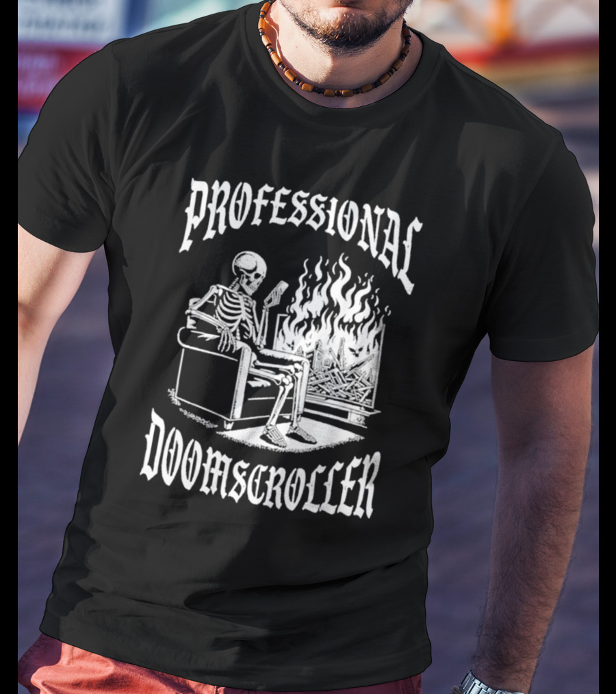 Professional Doomscroller Skeleton By Fireplace T-Shirt