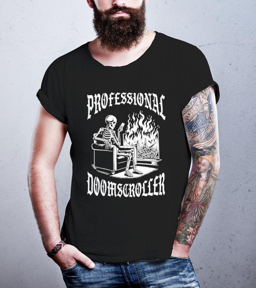Professional Doomscroller Skeleton By Fireplace T-Shirt