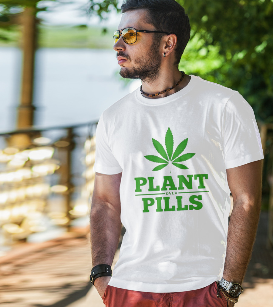 Plant Over Pills Cannabis Leaf Icon Bold Typography T-Shirt