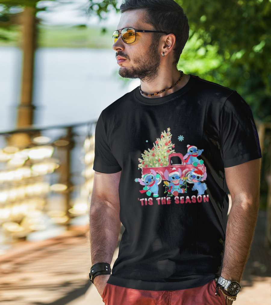 Stitch Tis The Season Christmas Santa Claus With Tree And Truck T-Shirt