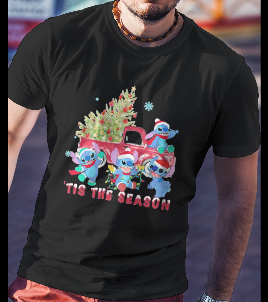Stitch Tis The Season Christmas Santa Claus With Tree And Truck T-Shirt