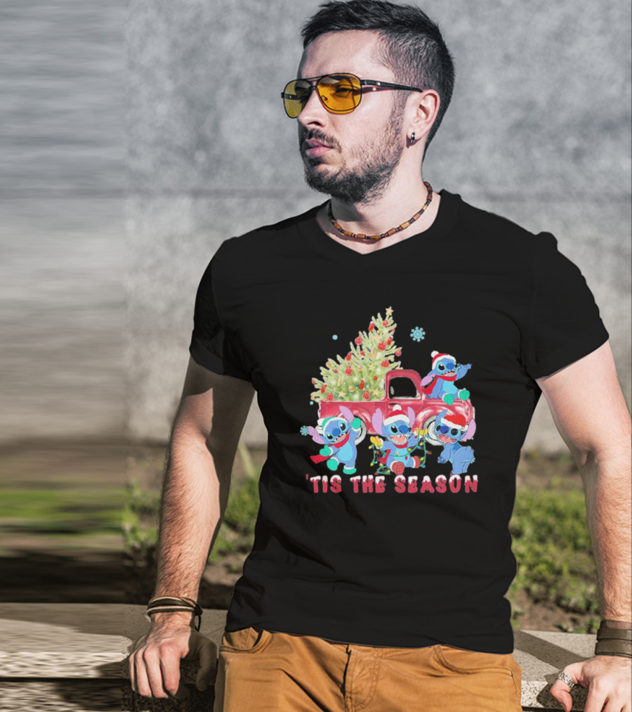 Stitch Tis The Season Christmas Santa Claus With Tree And Truck T-Shirt