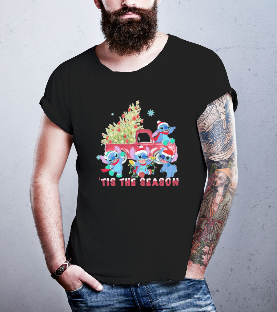 Stitch Tis The Season Christmas Santa Claus With Tree And Truck T-Shirt