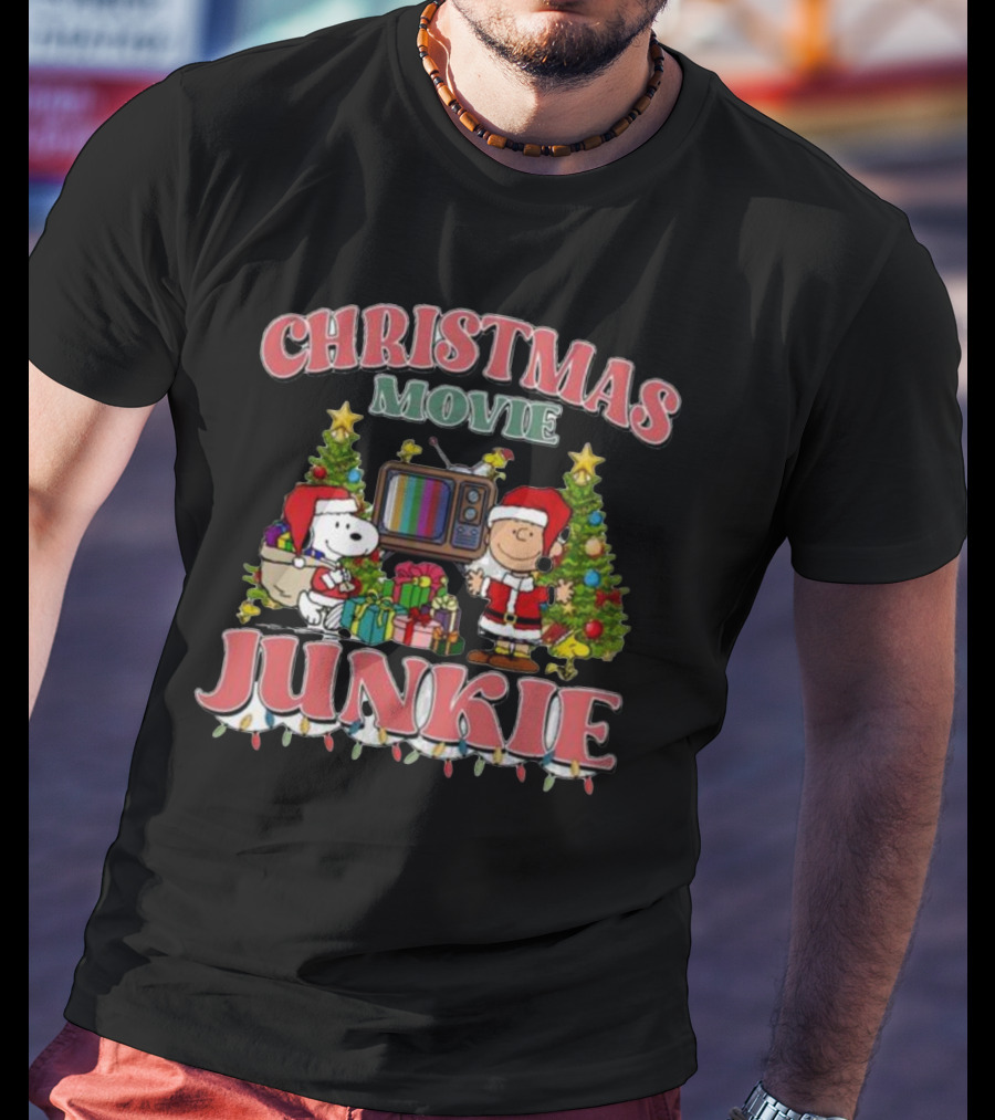 Christmas Movie Junkie Snoopy And Charlie Brown Festive TV Scene T-Shirt