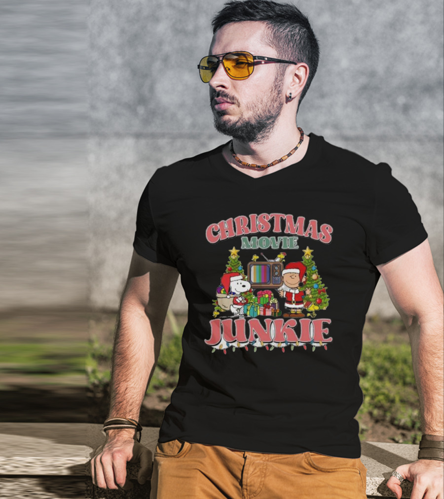 Christmas Movie Junkie Snoopy And Charlie Brown Festive TV Scene T-Shirt