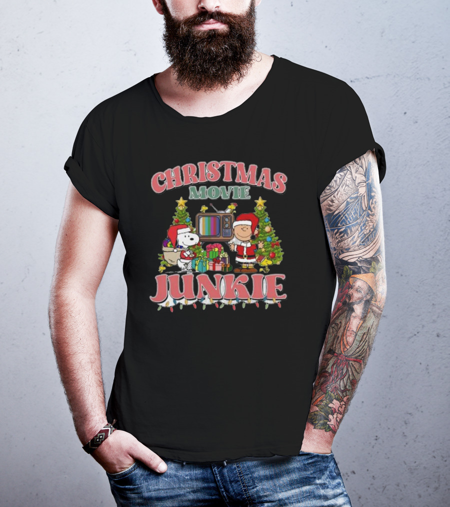 Christmas Movie Junkie Snoopy And Charlie Brown Festive TV Scene T-Shirt