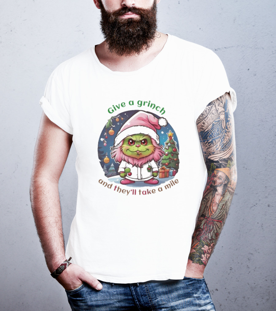 Chibi Pink Grinch Christmas Scene Give A Grinch And They’ll Take A Mile T-Shirt