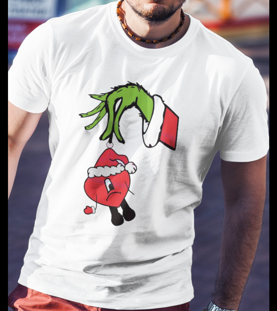 Grinch Hand Holding Santa Hat Bad Bunny Xmas T-Shirt