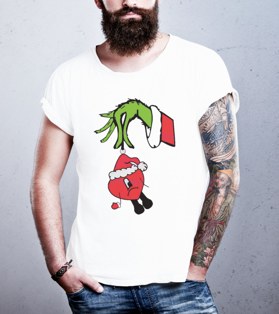Grinch Hand Holding Santa Hat Bad Bunny Xmas T-Shirt