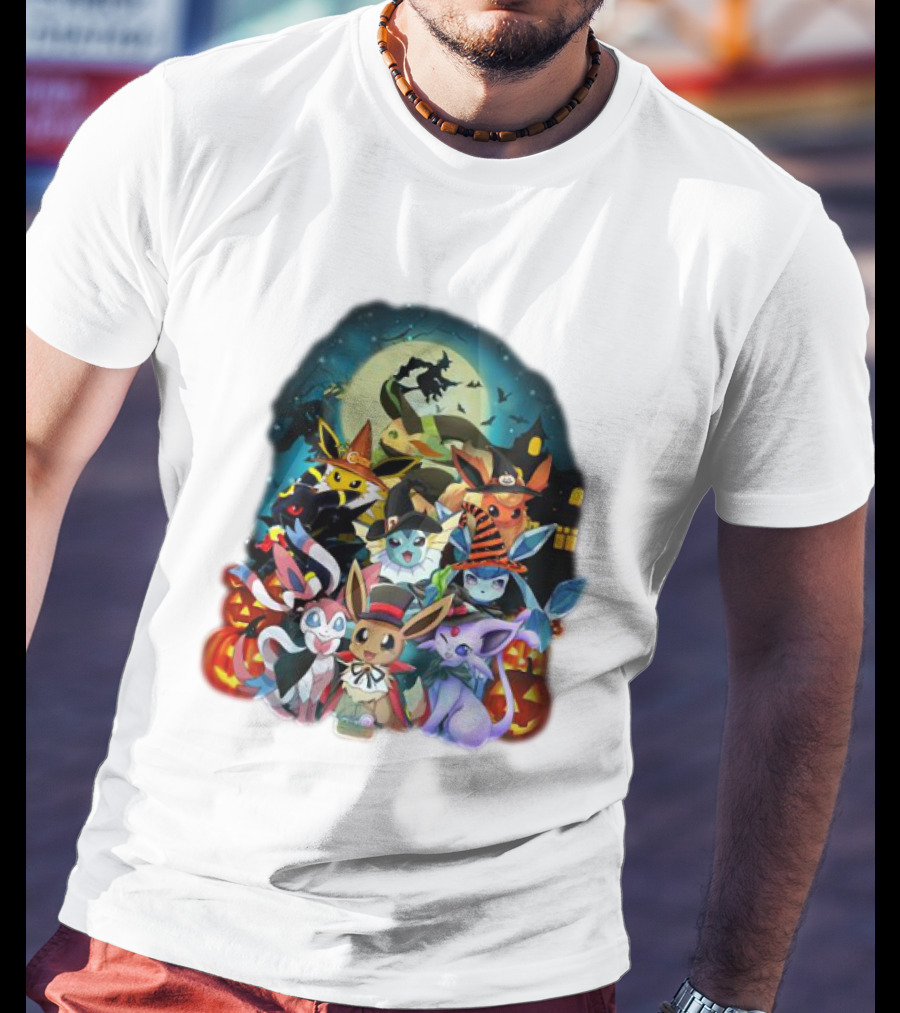 Halloween Eevee All Evolutions With Pumpkins And Witch Hat Moon Scene T-Shirt