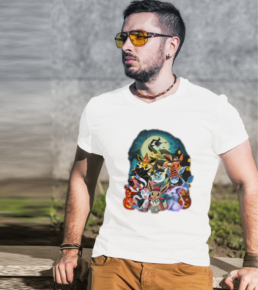 Halloween Eevee All Evolutions With Pumpkins And Witch Hat Moon Scene T-Shirt