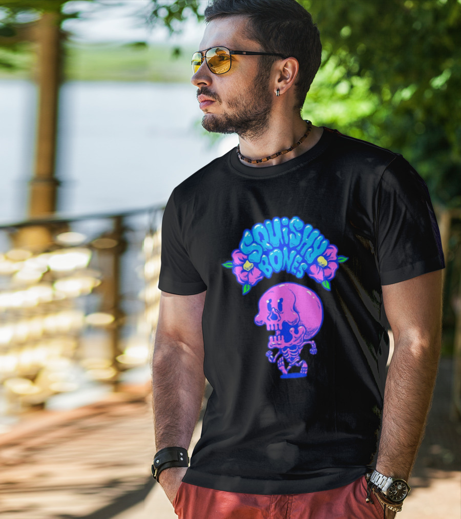 Danny Gonzalez Squishy Bones Vibrant Skull And Flowers Navy T-Shirt