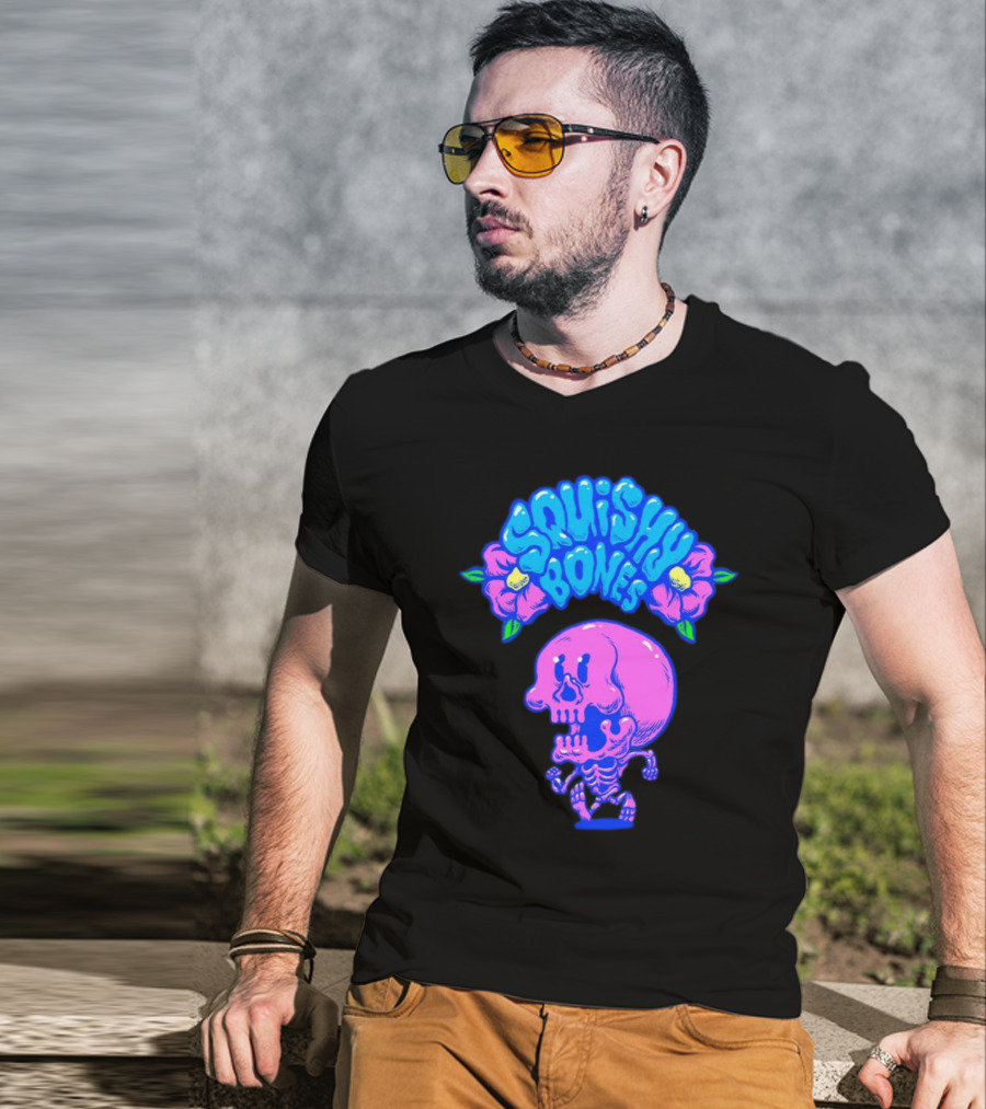 Danny Gonzalez Squishy Bones Vibrant Skull And Flowers Navy T-Shirt