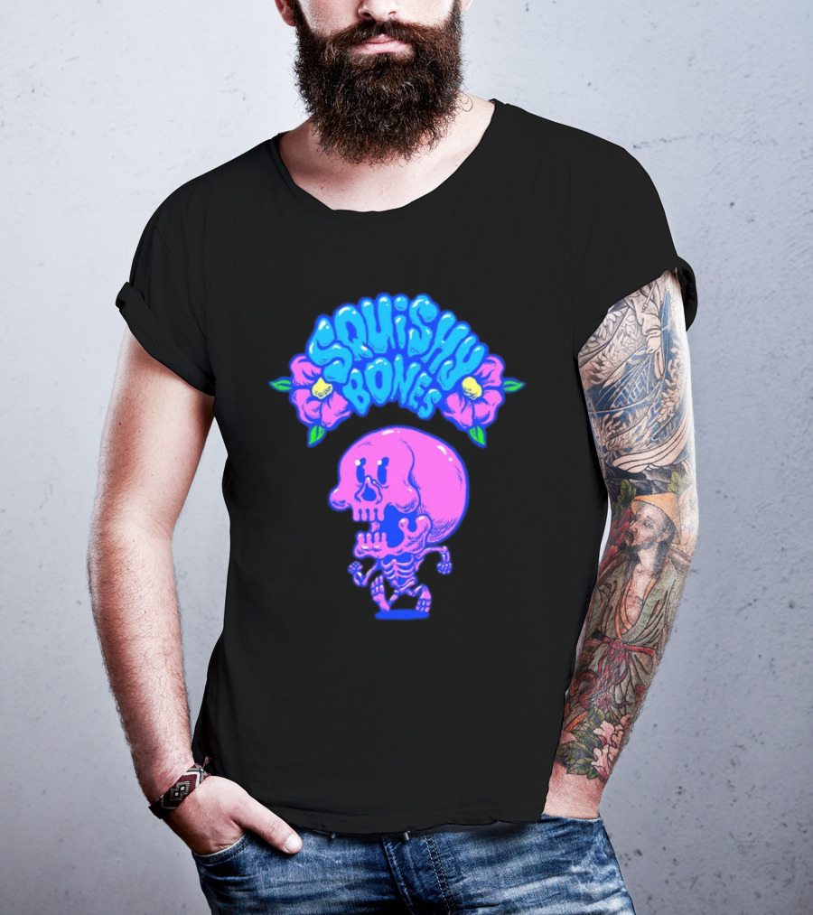 Danny Gonzalez Squishy Bones Vibrant Skull And Flowers Navy T-Shirt