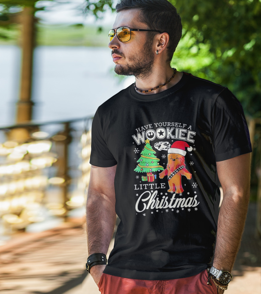 Have Yourself A Wookiee Little Christmas Tree Chewbacca Santa Hat Millennium Falcon Snowflakes T-Shirt