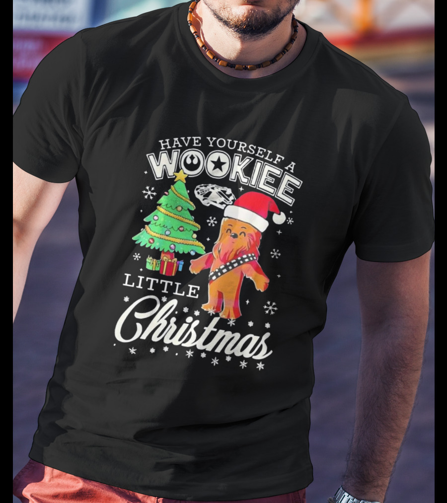 Have Yourself A Wookiee Little Christmas Tree Chewbacca Santa Hat Millennium Falcon Snowflakes T-Shirt