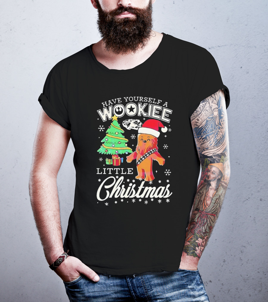 Have Yourself A Wookiee Little Christmas Tree Chewbacca Santa Hat Millennium Falcon Snowflakes T-Shirt
