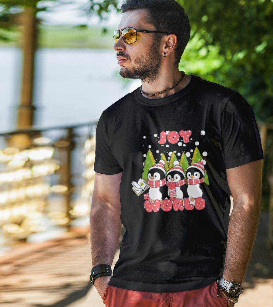 Joy World Penguins Singing With Trees And Snowflakes T-Shirt
