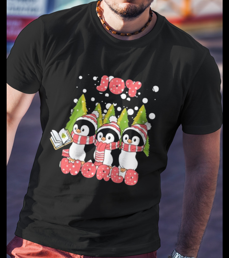 Joy World Penguins Singing With Trees And Snowflakes T-Shirt