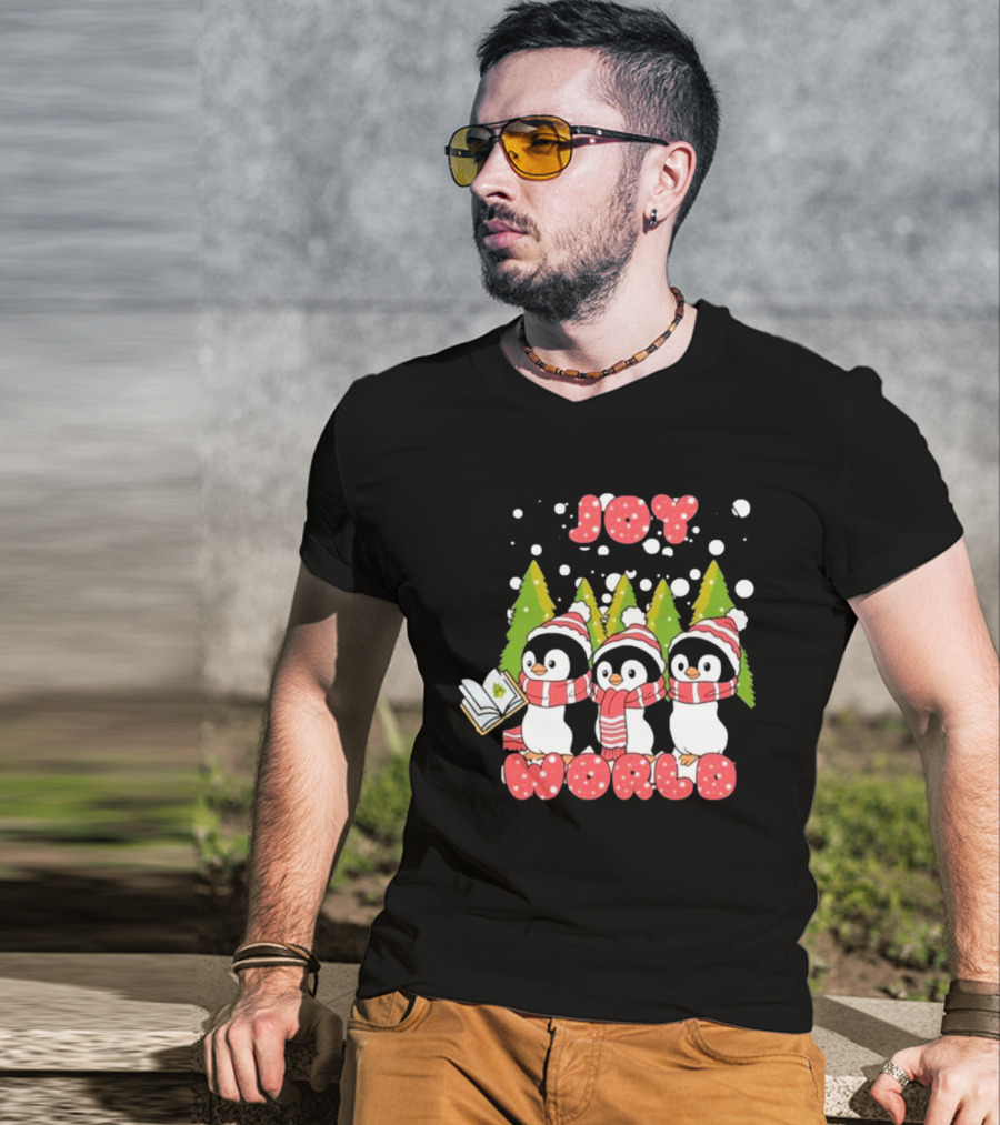 Joy World Penguins Singing With Trees And Snowflakes T-Shirt