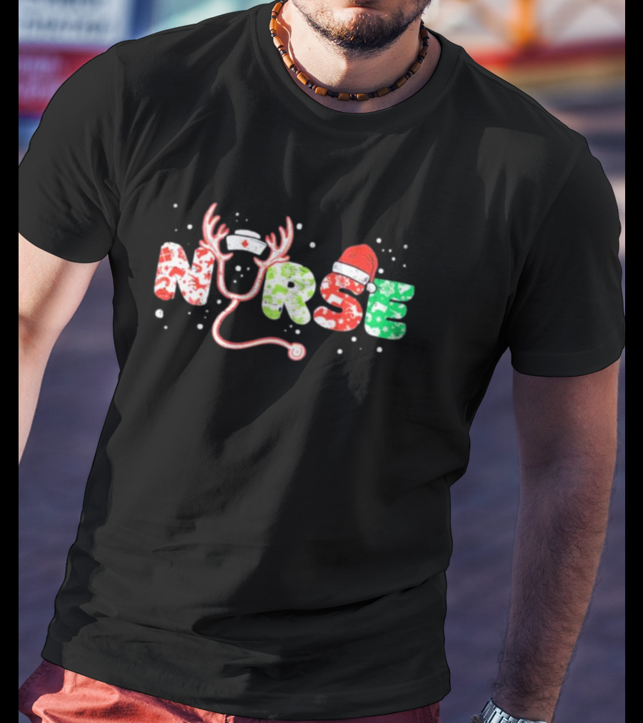 Nurse Christmas Stethoscope Reindeer Hat Festive Xmas Scrub Top T-Shirt