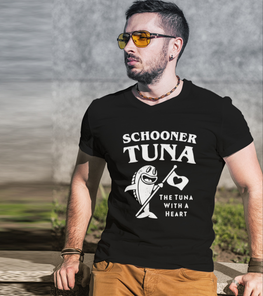 Schooner Tuna The Tuna With A Heart Cheerful Fish Holding Heart Flag T-Shirt