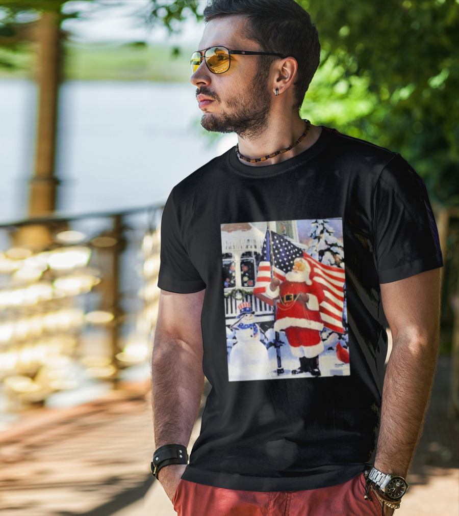 Santa Claus And Snowman With American Flag In Winter Scene T-Shirt