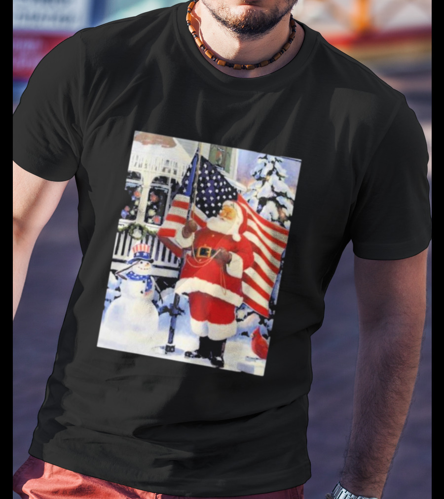Santa Claus And Snowman With American Flag In Winter Scene T-Shirt