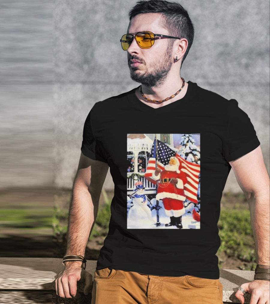 Santa Claus And Snowman With American Flag In Winter Scene T-Shirt