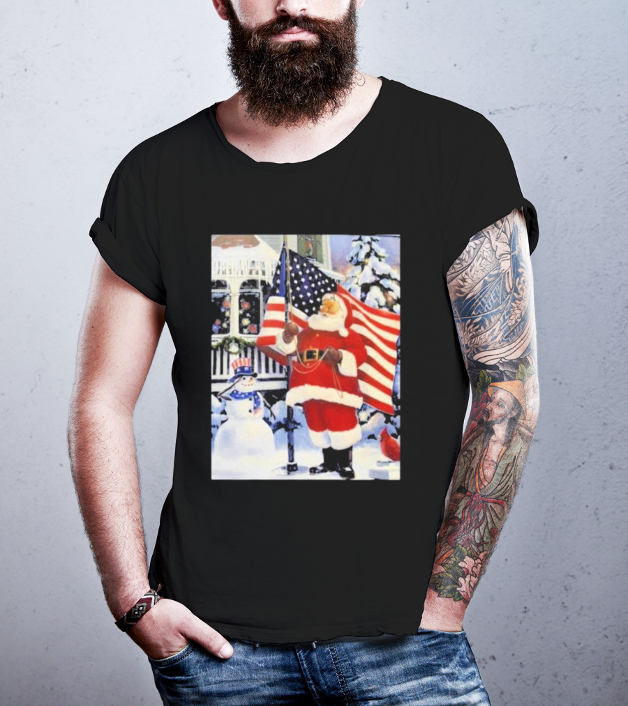 Santa Claus And Snowman With American Flag In Winter Scene T-Shirt