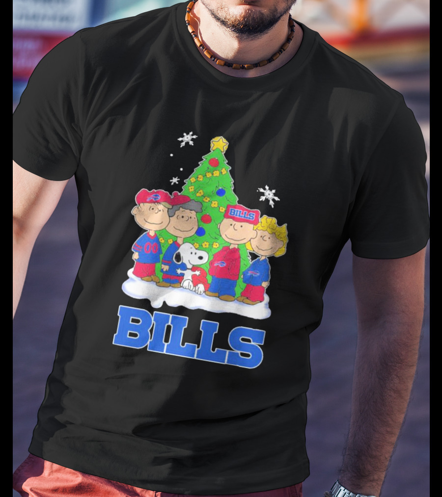 Peanuts Characters With Buffalo Bills Christmas Tree And Snowflakes T-Shirt