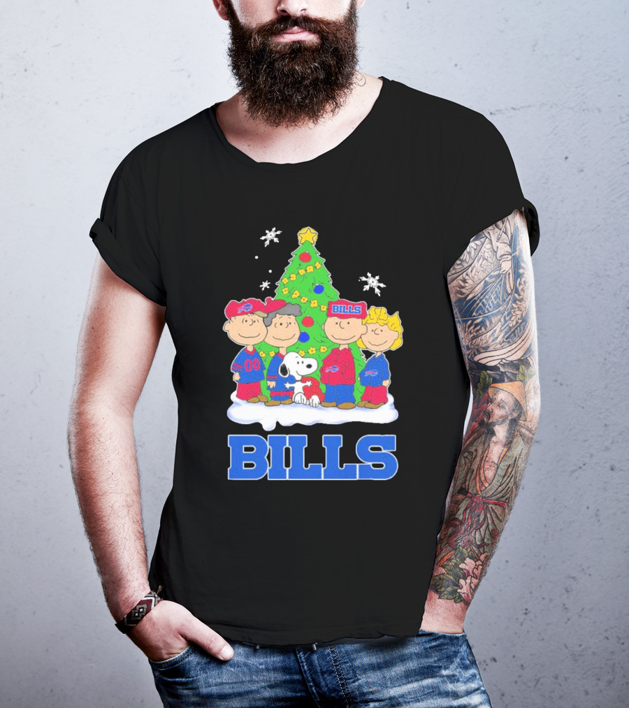 Peanuts Characters With Buffalo Bills Christmas Tree And Snowflakes T-Shirt