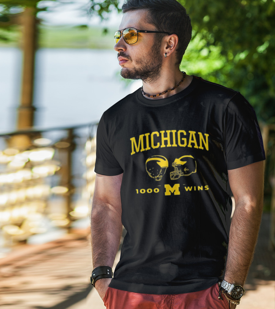 Michigan Wolverines Football 1000 Wins Celebration Dual Helmet T-Shirt