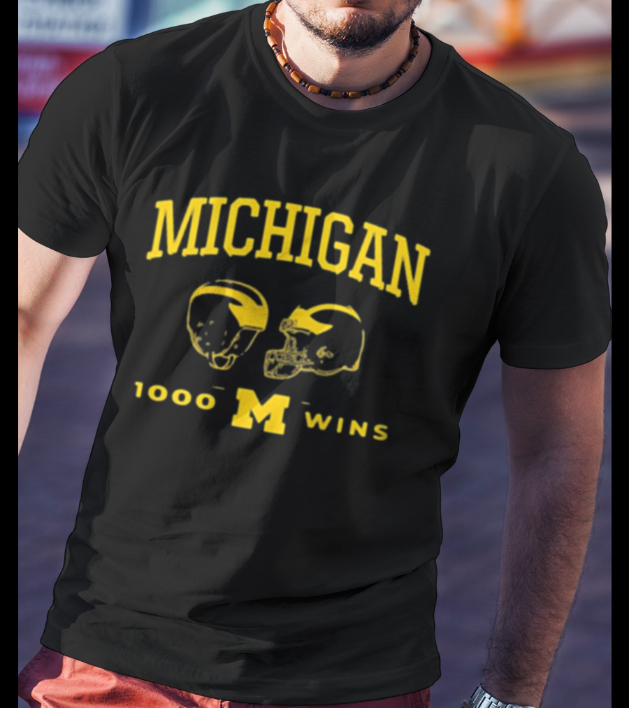 Michigan Wolverines Football 1000 Wins Celebration Dual Helmet T-Shirt