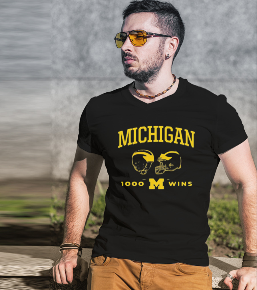 Michigan Wolverines Football 1000 Wins Celebration Dual Helmet T-Shirt