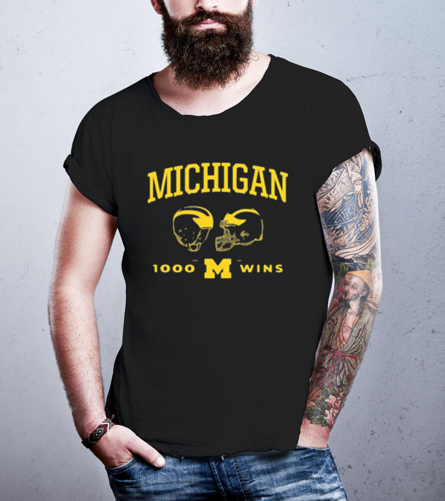 Michigan Wolverines Football 1000 Wins Celebration Dual Helmet T-Shirt