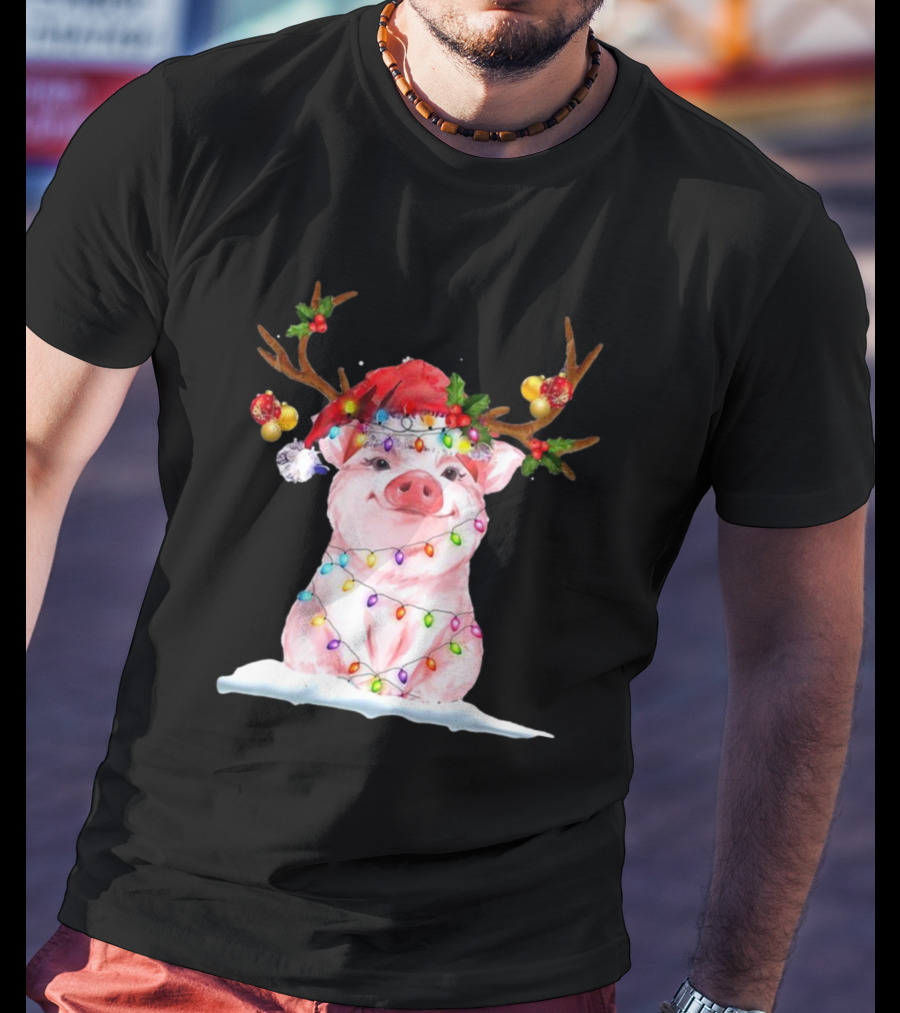 Pig Reindeer Antlers Santa Hat Christmas Lights T-Shirt