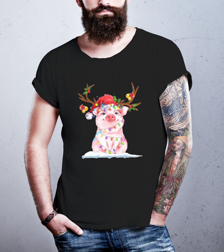 Pig Reindeer Antlers Santa Hat Christmas Lights T-Shirt