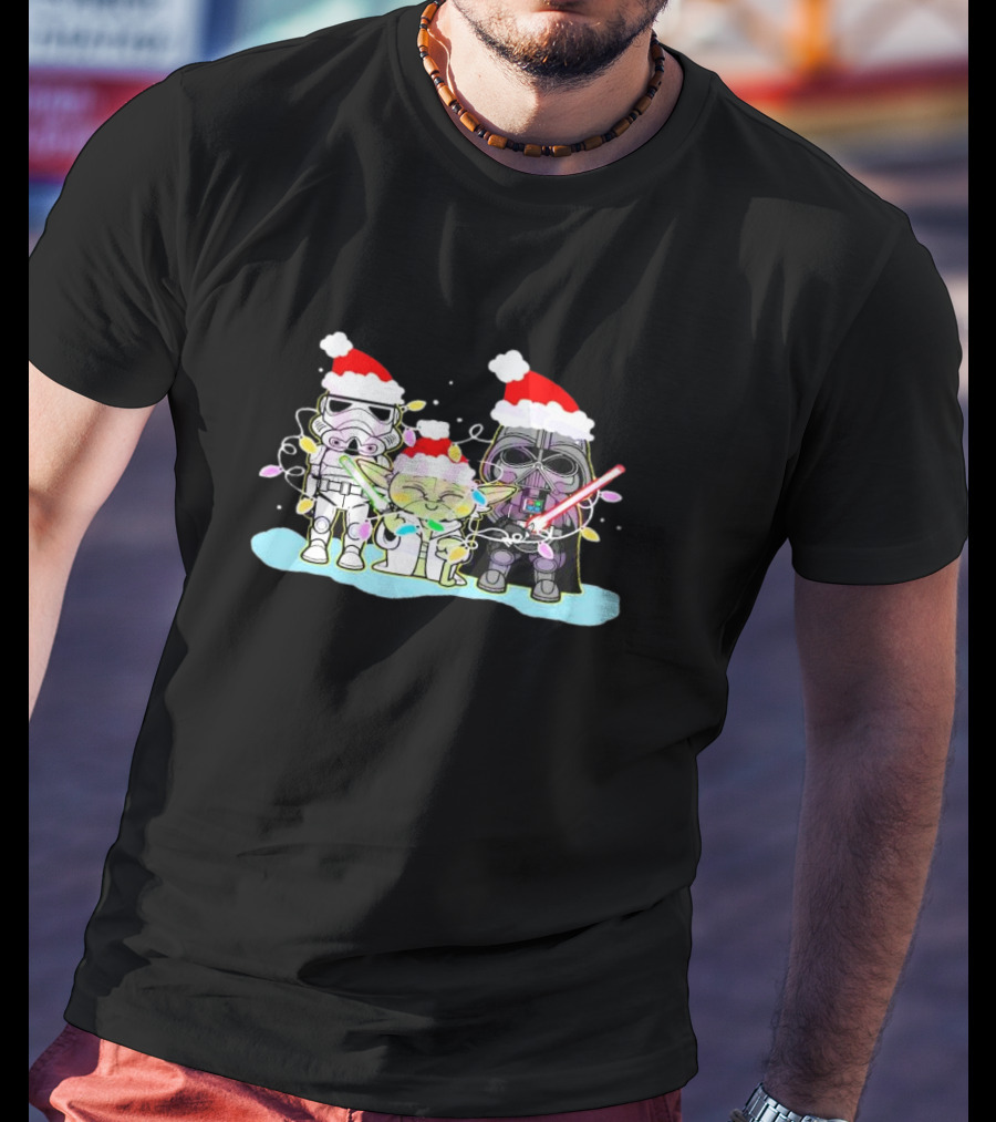 Star Wars Characters Santa Hat Christmas Lights Funny Vibes T-Shirt